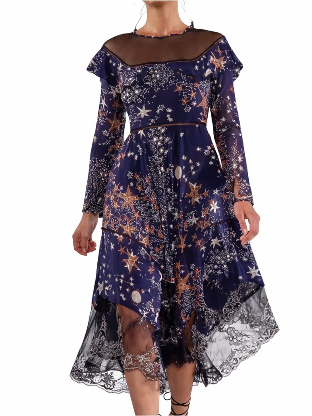 Celestial ♍️ star crescent moon navy silk black lace ruffle mesh midi dress